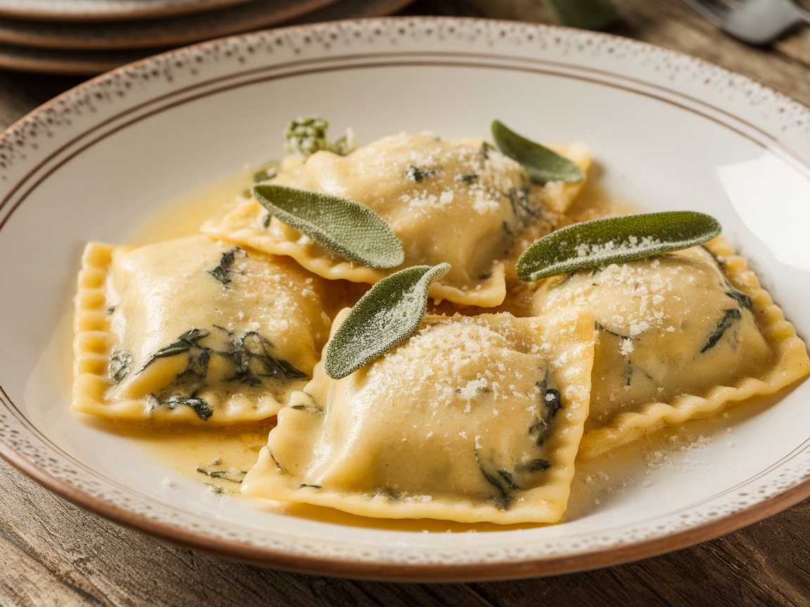 Homemade Ricotta and Spinach Ravioli Recipe Plate of homemade ricotta and spinach ravioli in sage butter, garnished with sage and Parmesan.